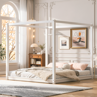 Sunvega White Queen Size Canopy Platform Bed with Support Legs and Sturdy Frame