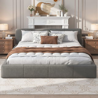 Sunvega Stylish Gray Upholstered King Bed with Faux Leather and Wood Frame