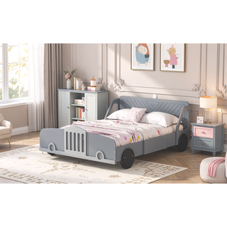 Sunvega Blue Twin Size Car-Shaped Platform Bed with Wheels for Kids