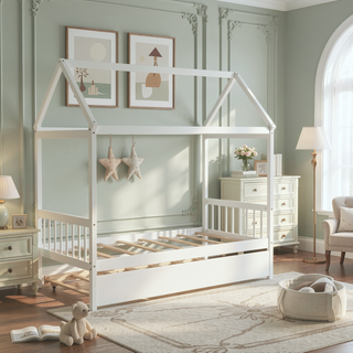 Sunvega Twin House Bed Frame with Trundle and Roof Made of Solid Pinewood