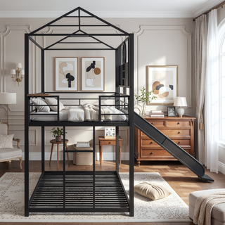 Sunvega Twin Over Twin Metal Bunk Bed With Slide And Playhouse Design For Bedroom