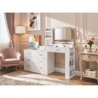 Sunvega Modern White 8-Drawer Dresser with Golden Handles for Bedroom Storage