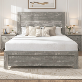 Sunvega Queen Bed with Panel Headboard and Footboard in Gray Veneer