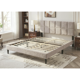 Sunvega Queen Upholstered Pleated Bed in a Box with Sturdy Dark Brown Frame