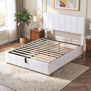 Sunvega Upholstered Platform Bed with Hydraulic Storage System in White Linen