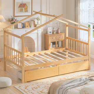 Sunvega Twin Size Wooden House Bed with Drawers and Headboard for Kids Room