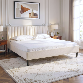 Sunvega Handmade Vertical Tufted Headboard Platform Bed Set in Light Beige Linen