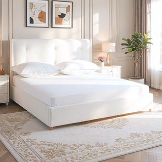 Sunvega King Platform Bed Frame with Cushioned Headboard and Solid Wood Feet