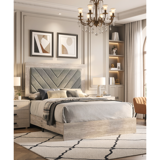 Sunvega Contemporary Cream Queen Size Bed with V-Design Headboard in Gray