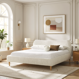 Sunvega King Upholstered Platform Bed with Curved Headboard in Oatmeal Chenille