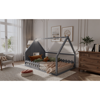 Sunvega Full Size Wood House Bed with Fence Window and LED Lights