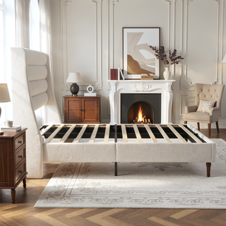 Sunvega Upholstered Queen Size Bed Frame with Wave - Shaped Headboard Premium Chenille Fabric