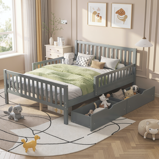 Sunvega Twin Size Walnut Wood Platform Bed with Guardrails and Two Storage Drawers