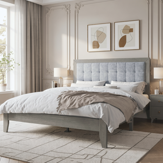 Sunvega Solid Wood King Bed with Upholstered Headboard in Grace Grey Finish