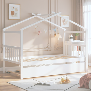 Sunvega Twin Size Wooden House Bed with Trundle and Headboard for Kids Room