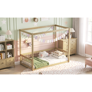 Sunvega Twin Size Canopy Frame Floor Bed with Guardrails and Natural Wood