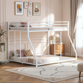 Sunvega Twin Over Full Low Bunk Bed with Reversible Ladder in Matte White Finish