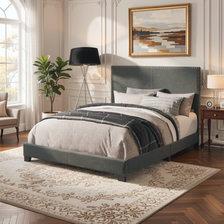 Sunvega Guyancourt Charcoal Upholstered Eastern King Panel Bed with Nailhead Trim