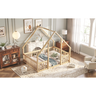 Sunvega Twin Wood House Floor Bed with Guardrail Fence in Grey