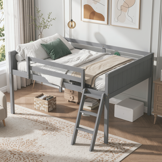 Sunvega White Full Size Low Loft Wood Bed with Convertible Left or Right Ladder