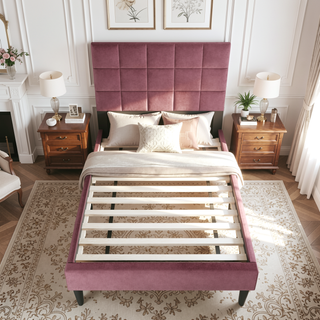 Sunvega Twin Bed with Adjustable Headboard and Soft Brushed Linen Fabric