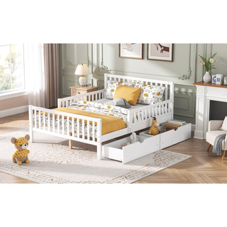 Sunvega Twin Size Walnut Wood Platform Bed with Guardrails and Two Storage Drawers