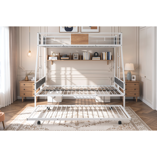 Sunvega Metal Twin over Full Bunk Bed with Trundle and Safety Guardrail