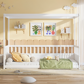 Sunvega Twin Size Floor Bed with Canopy Design and Guardrails for Kids