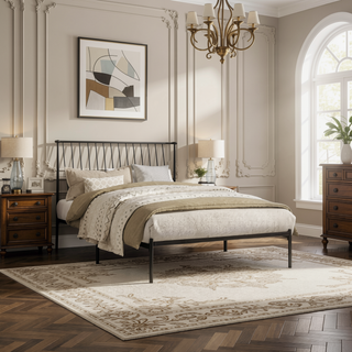 Sunvega Metal Frame Queen Platform Bed with Black Finish Angle Headboard