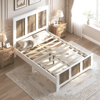 Sunvega White Farmhouse Queen Platform Bed with Wooden Strip Decoration and Plywood Slats