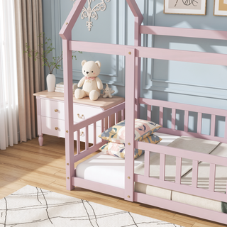 Sunvega Twin Size Wooden Floor Bed with Roof Frame and Safety Guardrails in Grey