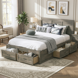 Sunvega Antique Natural Queen Size Platform Bed with 6 Spacious Storage Drawers