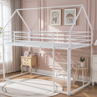 Sunvega Twin over Twin House Bunk Bed with Ladder and Slide in White