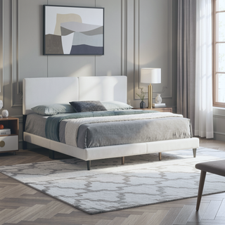 Sunvega White Faux Leather Upholstered Queen Bed with Adjustable Headboard