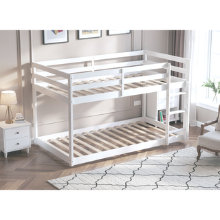 Sunvega Twin over Twin Solid Wooden Bunk Bed with Ladder and Strengthened Slats