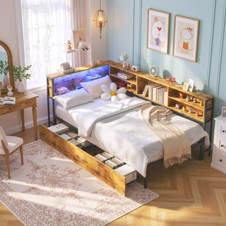 Sunvega Corner Bed Frame with Storage Bookcase Drawers LED Light Charging Station