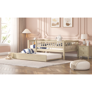 Sunvega Natural Twin Size Wood Daybed with Trundle and Fence Guardrails