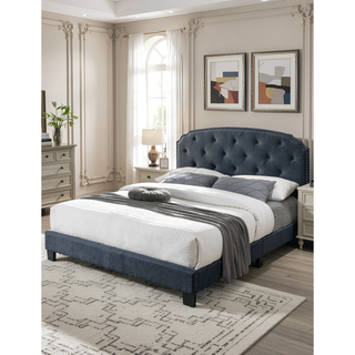 Sunvega Queen Size Charcoal Burlap Button Tufted Headboard Bed with Nailhead Trim