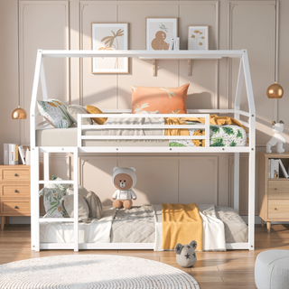 Sunvega Twin over Twin House Bunk Bed with Ladder and Slide in White
