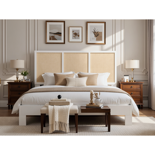 Sunvega White Painted Cane Panel Coastal Queen Full Headboard with Adjustable Height