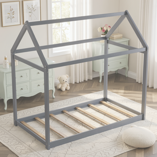 Sunvega Twin Size Gray Wooden House Bed with Eaves Design for Kids Room