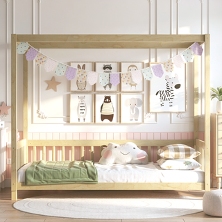 Sunvega Twin Size Canopy Frame Floor Bed with Guardrails and Natural Wood