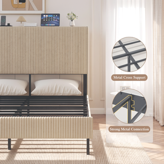 Sunvega Queen Size Metal Platform Bed with Storage Headboard and USB Charging Station