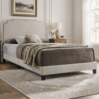 Sunvega Art Deco Inspired Queen Panel Bed with Nailhead Trim and Matte Metallic Finish