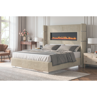 Sunvega King Size Upholstered Wooden Bed with Bluetooth Speakers and USB Ports
