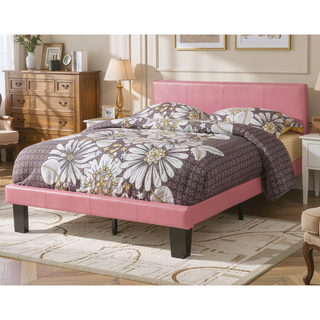 Sunvega Pink Faux Leather Upholstered Twin Size Platform Bed with Wooden Slats