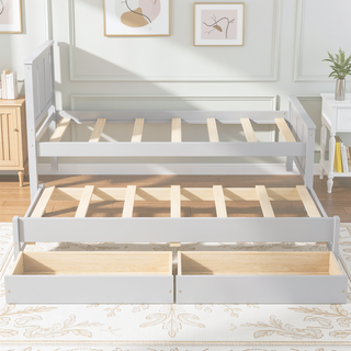 Sunvega Twin Size White Platform Bed with Trundle and Two Drawers for Storage