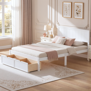 Sunvega White Full Size Pine Wood Platform Bed with Underbed Drawers