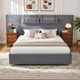 Sunvega Queen Upholstered Velvet Platform Bed with USB Ports and Storage Shelves
