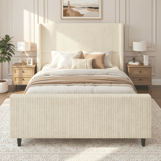 Sunvega Cream Queen Size Corduroy Upholstered Bed Frame with Winged Headboard